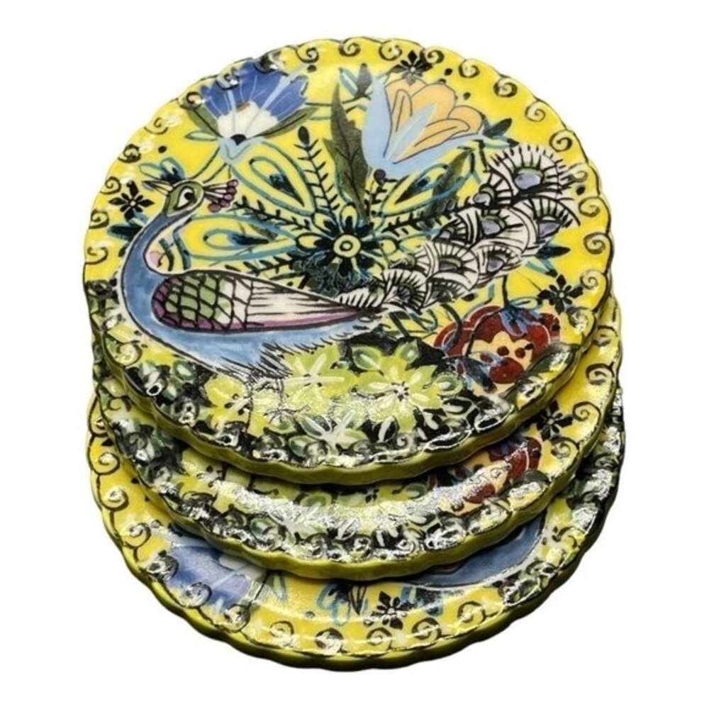 3 Polish Pottery Mini Plates Peacock Floral Coaster Farm House Ceramic Coasters